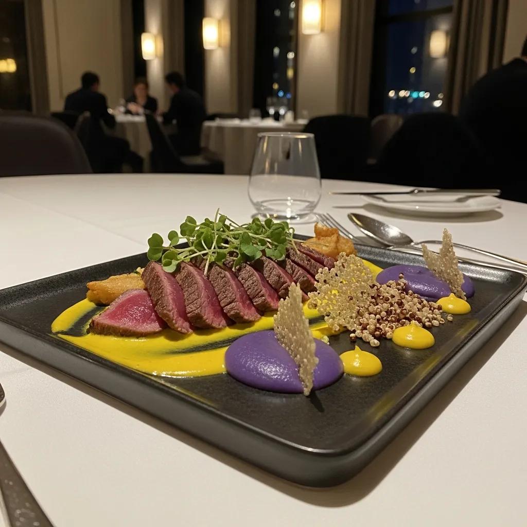 Refined Peruvian-fusion course: A5 Wagyu finished with aj&iacute; amarillo sauce on a fine-dining plate