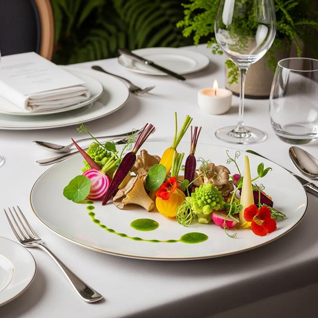 Luxurious plant-based gourmet dish showcasing heirloom vegetables and mushrooms in an elegant dining setting