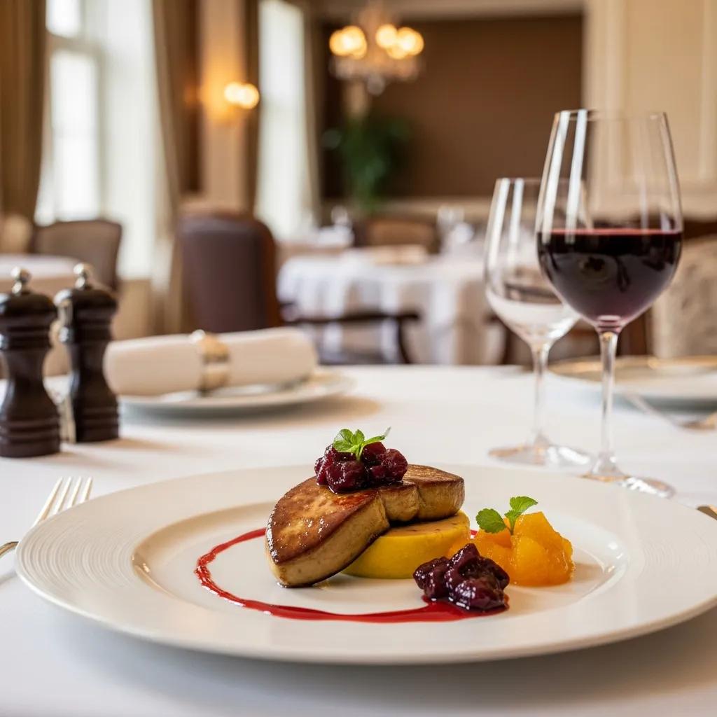 Luxurious plate of foie gras garnished with fruit compote, served in an upscale dining setting with a glass of red wine and elegant tableware.