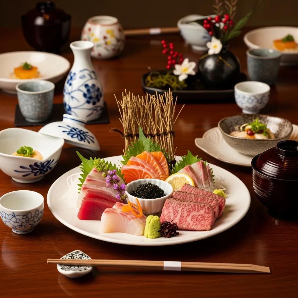 Luxurious plate of sustainable seafood featuring sashimi, caviar, and A5 Wagyu in an elegant Japanese dining setting at Kaviar, Pasadena.