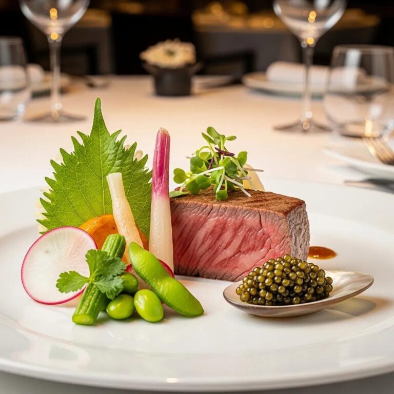 Luxurious presentation of premium Japanese ingredients including A5 Wagyu and Kaluga caviar in a fine dining setting