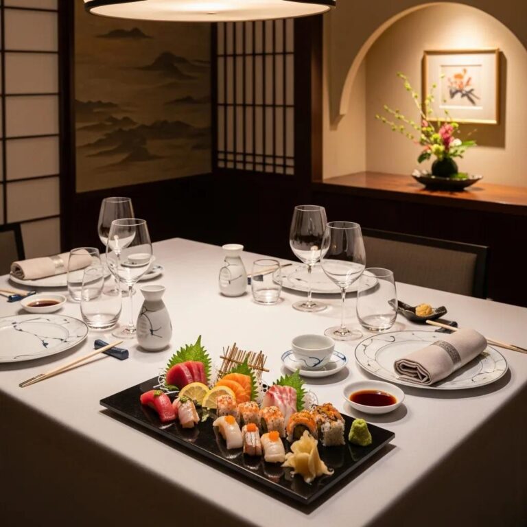 Luxurious private dining room at Kaviar in Pasadena featuring elegant table settings, an array of sushi and sashimi on a black platter, and refined decor, emphasizing Japanese fine dining experience.