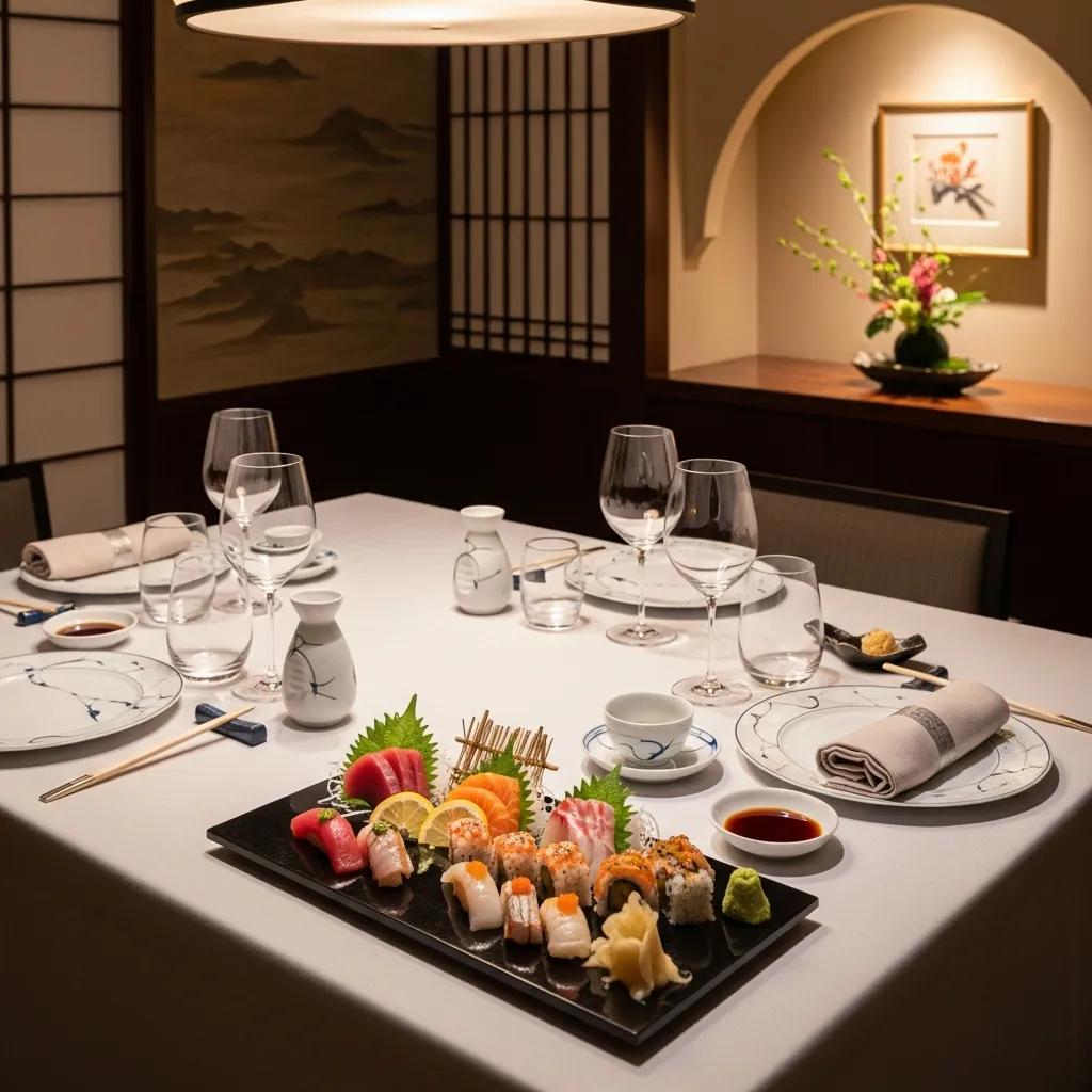 Luxurious private dining room in Pasadena featuring an elegant table setting, assorted sushi platter, sake, and wine glasses, emphasizing upscale Japanese fine dining experience at Kaviar Restaurants.