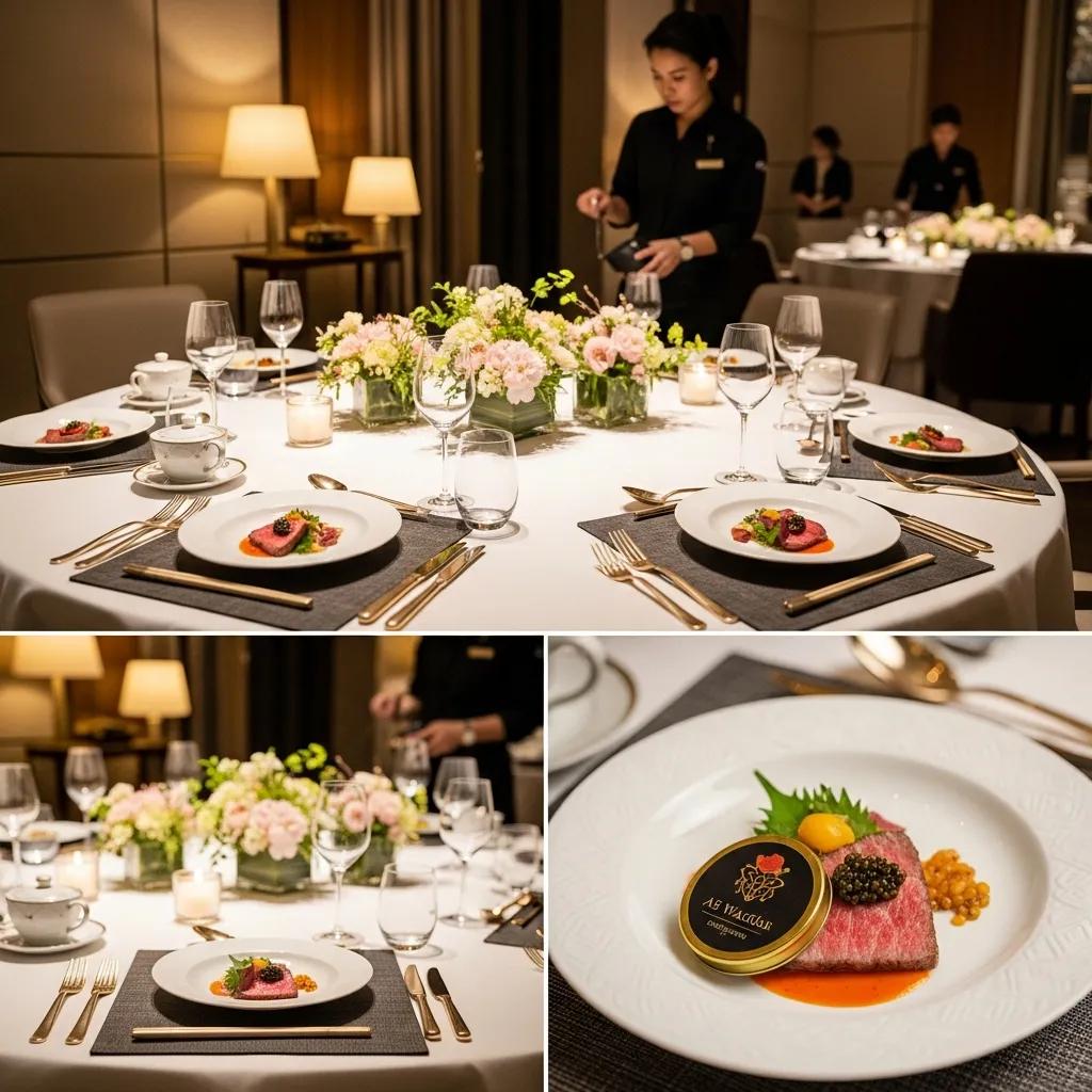 Luxurious private dining setup at Kaviar Restaurant featuring A5 Wagyu and caviar