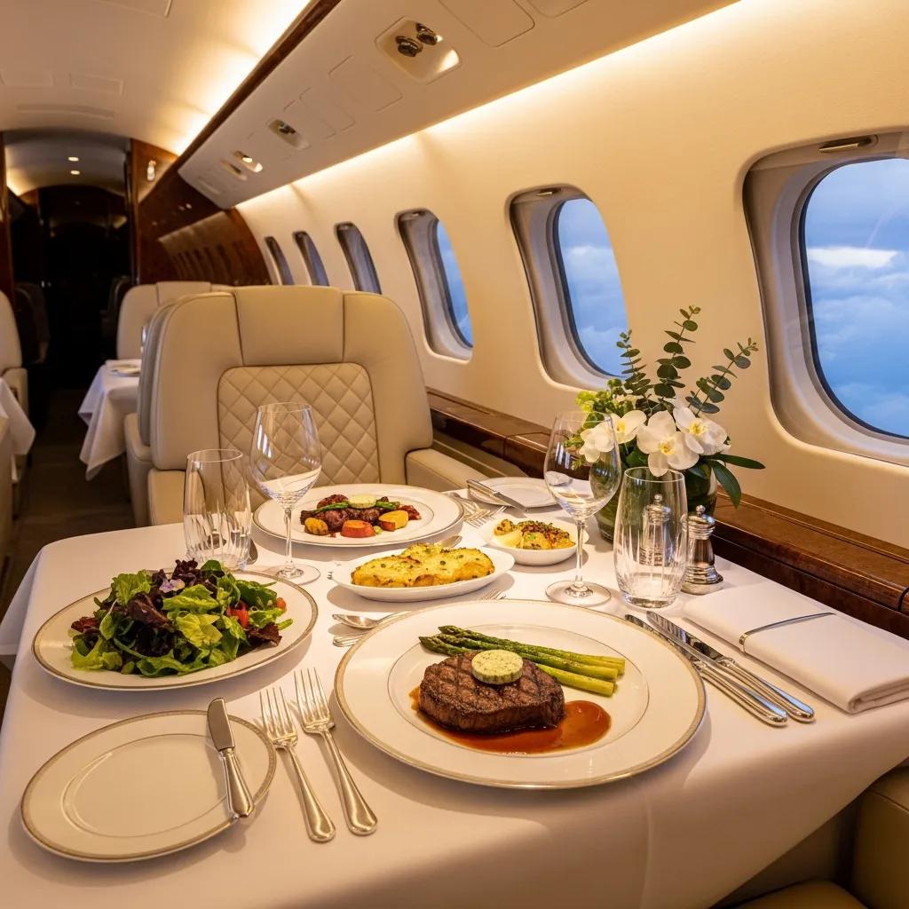 Luxurious private jet dining setup featuring gourmet meals and elegant tableware