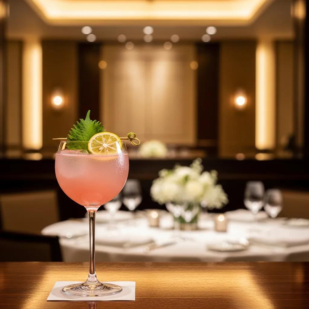 Luxurious sake-based craft cocktail with vibrant garnishes, elegantly presented in a fine dining setting at Kaviar Restaurants, highlighting Japanese culinary artistry.