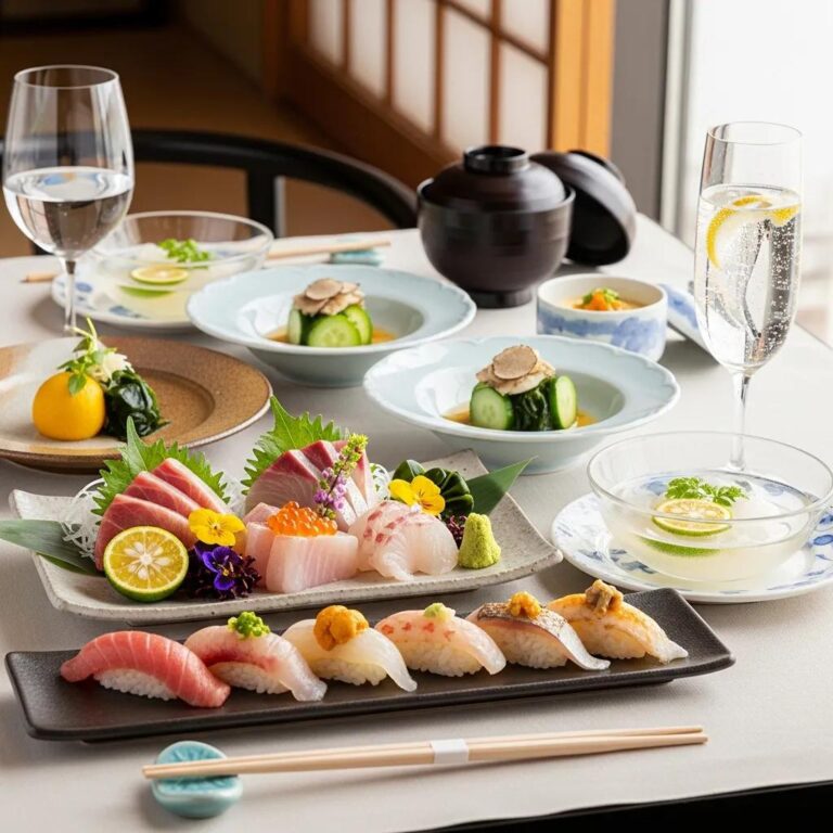 Luxurious summer omakase dining setup featuring seasonal sushi, elegant tableware, and refreshing beverages at Kaviar Pasadena.