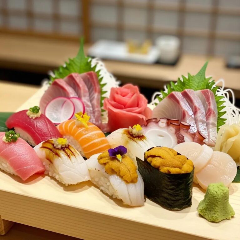 Luxurious sushi platter featuring an array of nigiri and sashimi, including vibrant tuna, salmon, and uni, garnished with edible flowers and wasabi, embodying the essence of fine dining at a Michelin-starred restaurant.