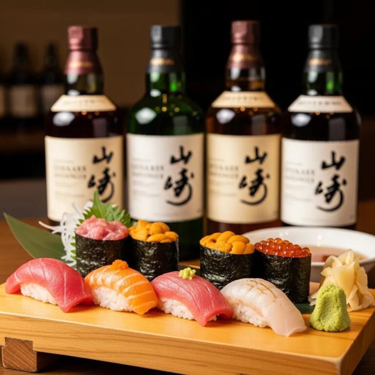 Luxurious sushi platter featuring toro, salmon, and uni, accompanied by Japanese whisky bottles, highlighting gourmet dining and premium pairings.