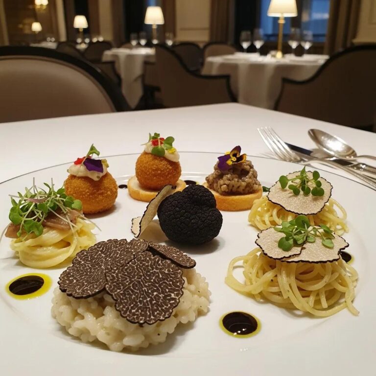 Luxurious truffle dishes featuring black and white truffles, elegantly plated alongside seasonal ingredients in a refined dining setting at Kaviar Restaurant.