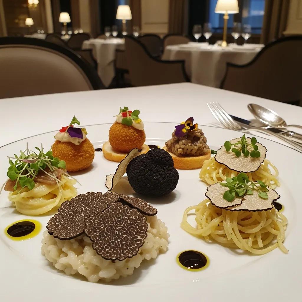 Luxurious truffle dishes showcasing black and white truffles in an elegant dining setting