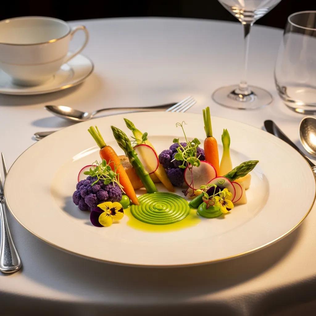 Luxurious vegetarian fine dining plate with seasonal vegetables and elegant presentation