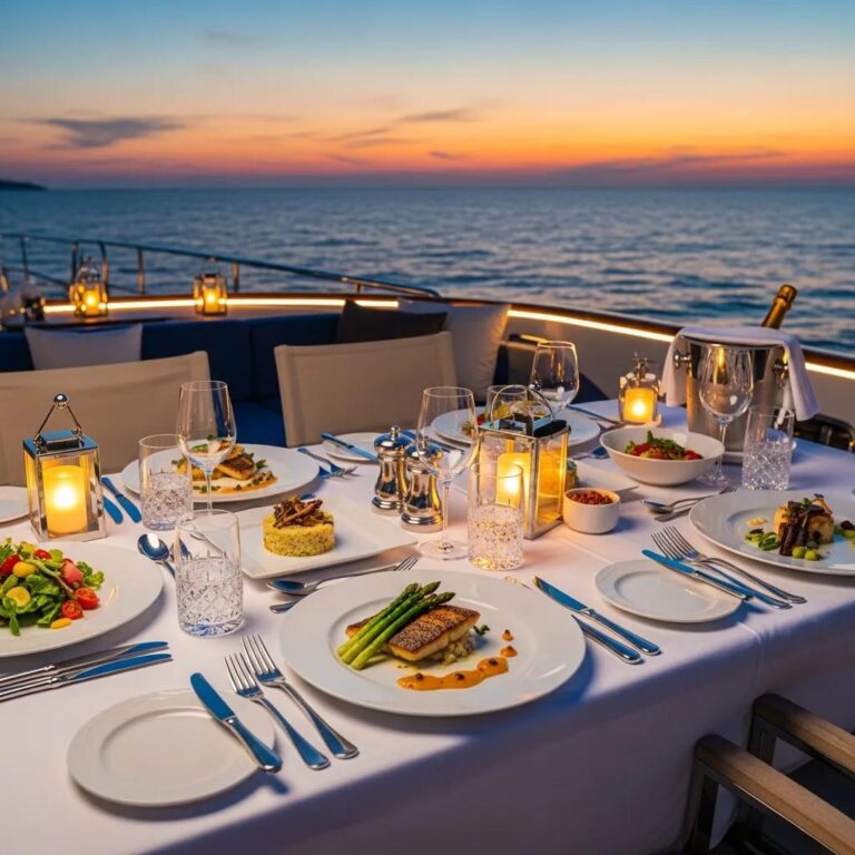 Luxurious yacht dining setup with fine dining dishes and elegant tableware