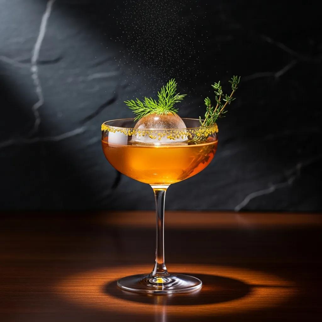 Luxuriously garnished cocktail featuring a spherical ice ball, micro herbs, and a vibrant citrus rim, set against a dark marble background, emphasizing high-end mixology techniques.