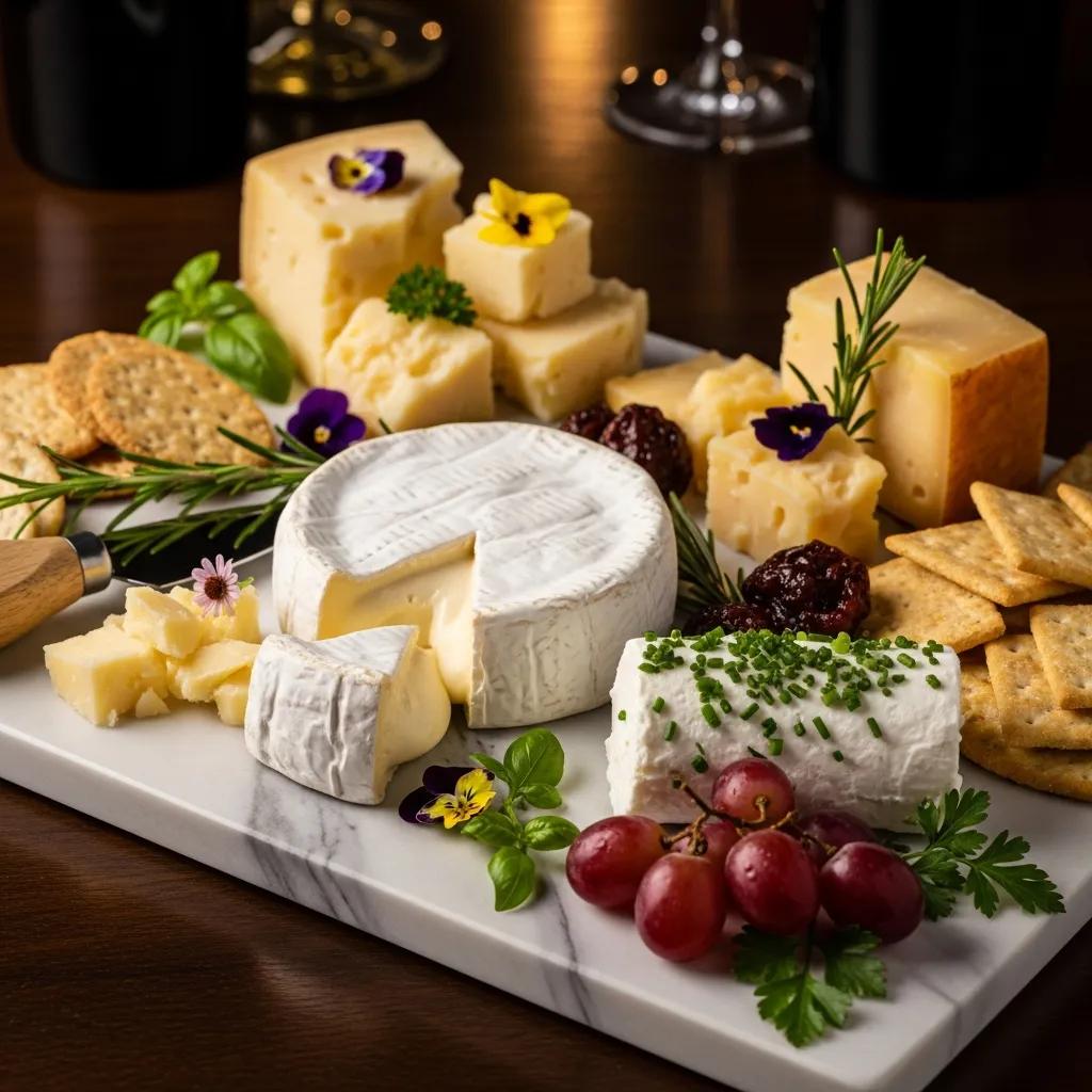 Curated selection of luxury cheeses with delicate garnishes