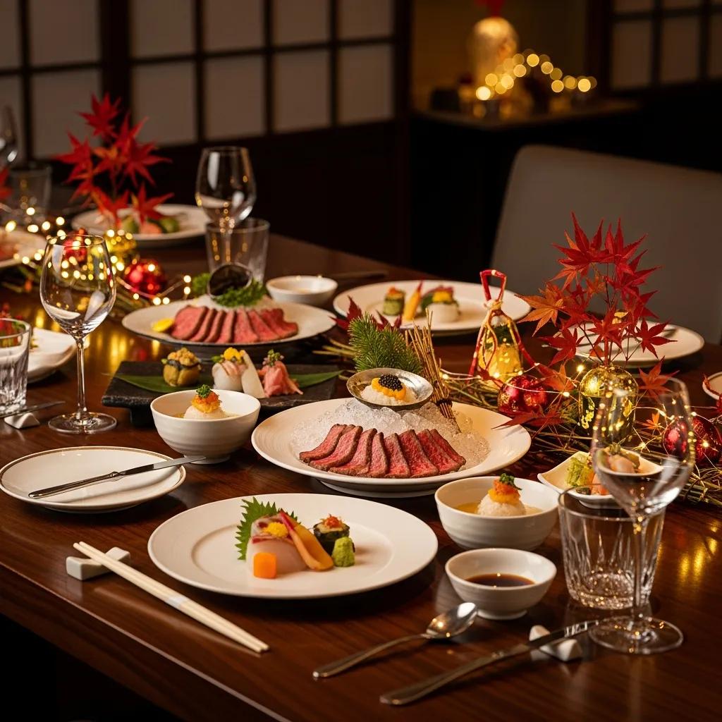 Luxury holiday dining table set with gourmet dishes, A5 Wagyu, and caviar in an elegant ambiance