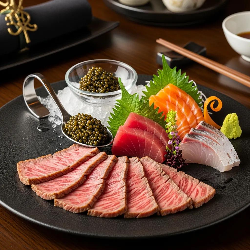 Luxury Japanese appetizers including A5 Wagyu, caviar, and sashimi in an elegant dining setting