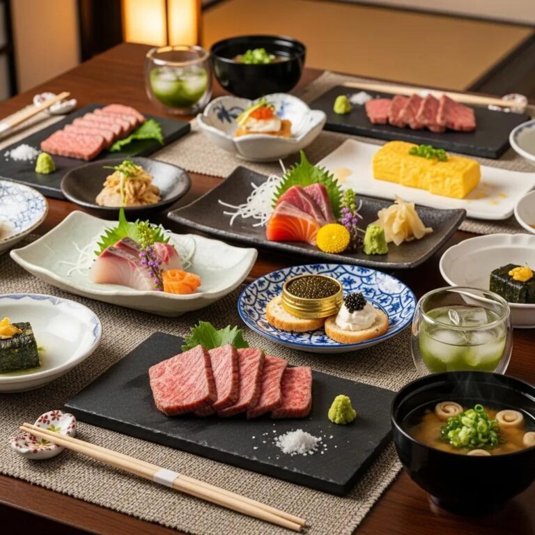 Luxury Japanese brunch table setting with A5 Wagyu and caviar, emphasizing fine dining aesthetics