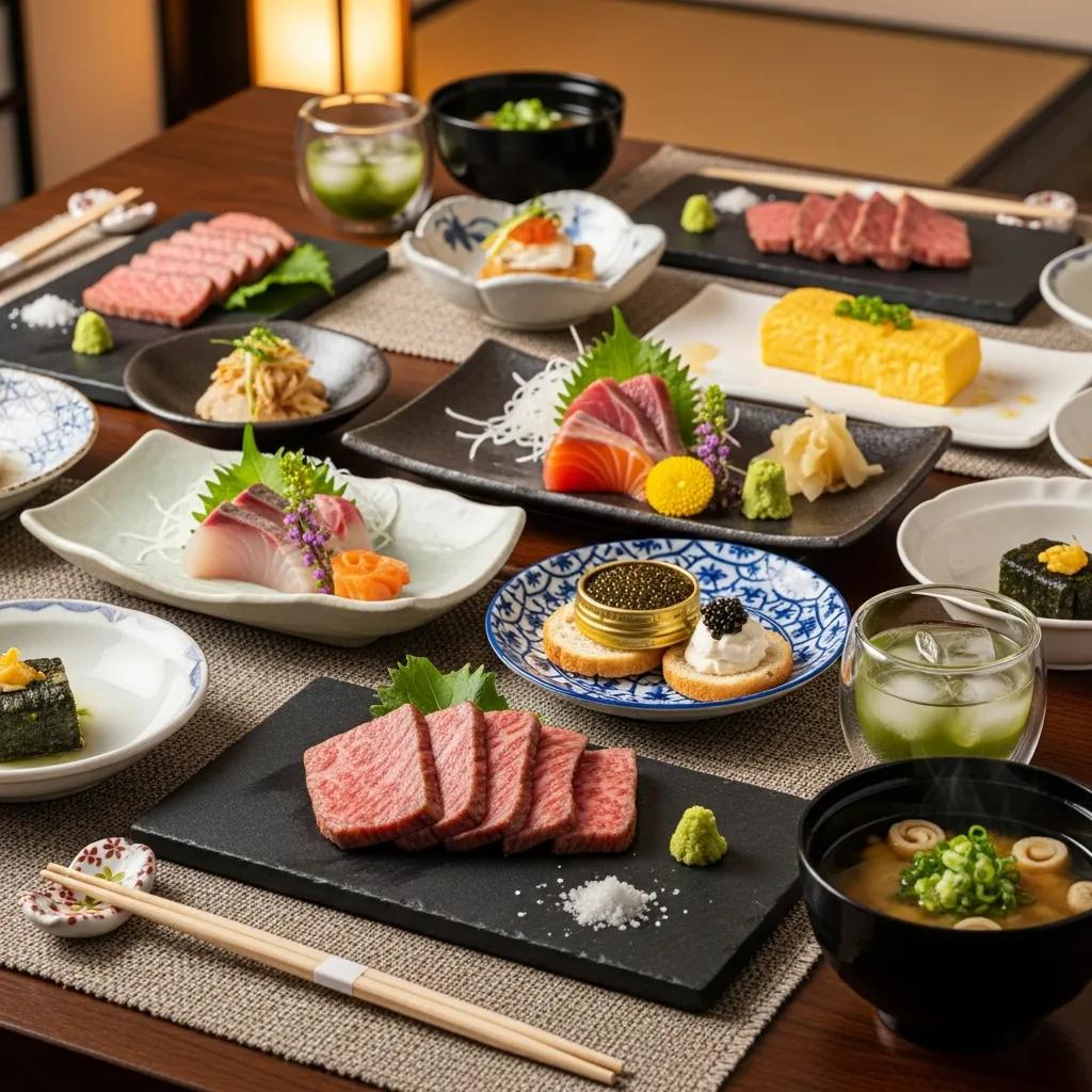 Luxury Japanese brunch table setting with A5 Wagyu and caviar, emphasizing fine dining aesthetics