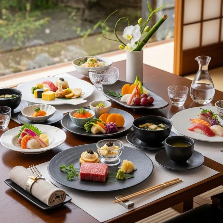 Luxury Japanese brunch table setting featuring A5 Wagyu, caviar, assorted sushi, seasonal vegetables, and elegant glassware, emphasizing fine dining experience at Kaviar Restaurants.
