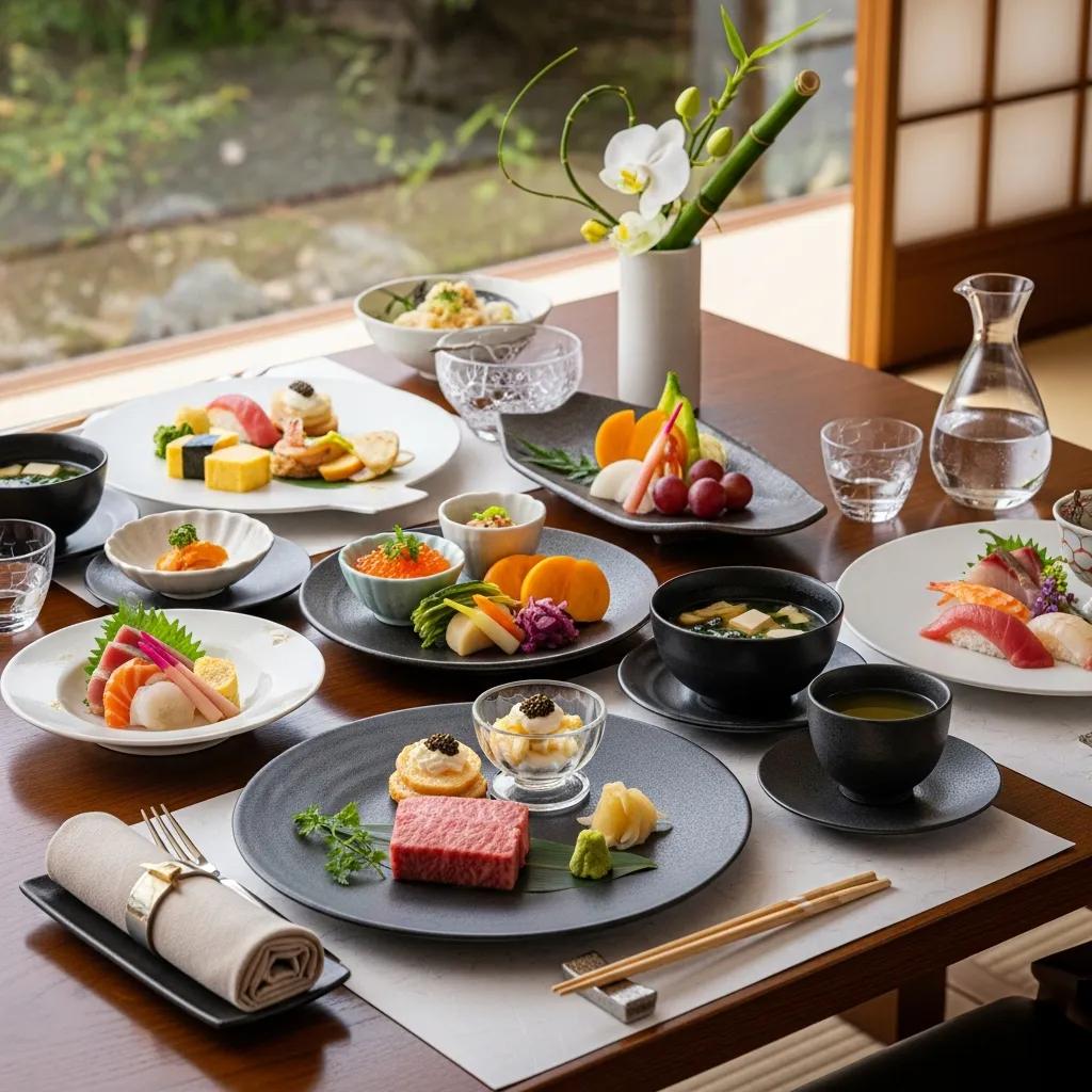 Luxury Japanese brunch table setting featuring A5 Wagyu, caviar, sushi, seasonal vegetables, and elegant garnishes, emphasizing fine dining experience at Kaviar.
