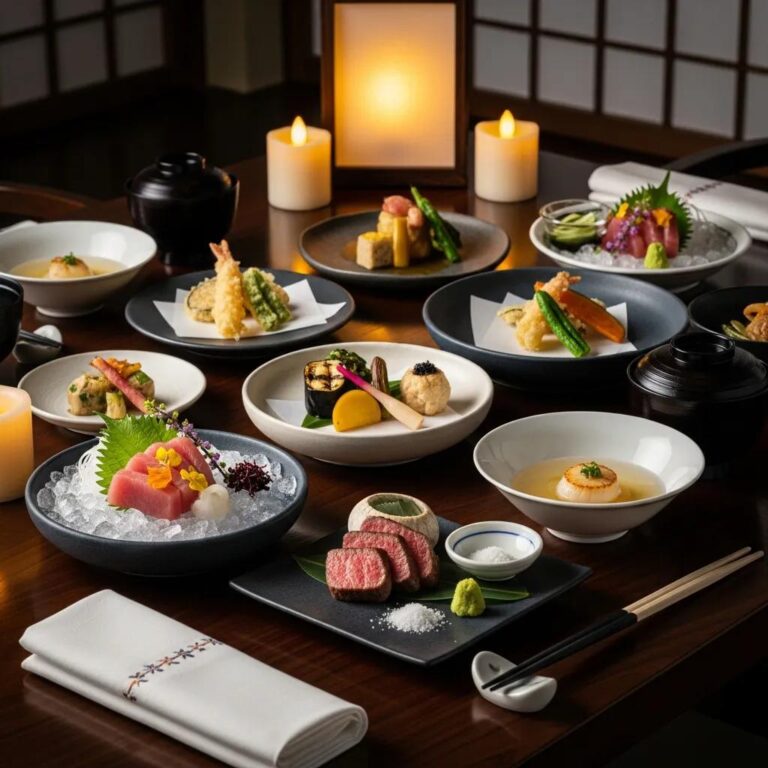 Luxury Japanese dining table with gluten-free gourmet dishes, emphasizing fine dining experience
