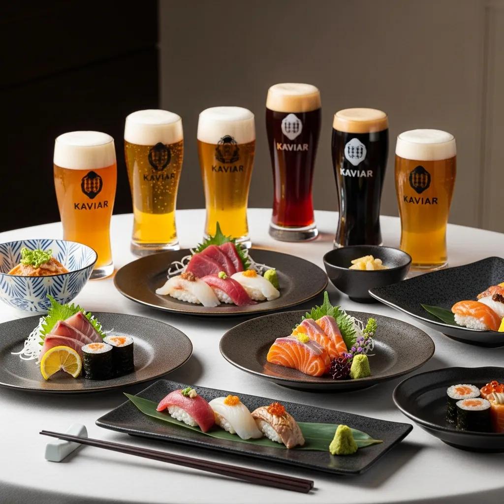 Luxury Japanese dining table featuring an array of sushi, sashimi, and local craft beers from Kaviar, highlighting refined cuisine and artisanal brews.
