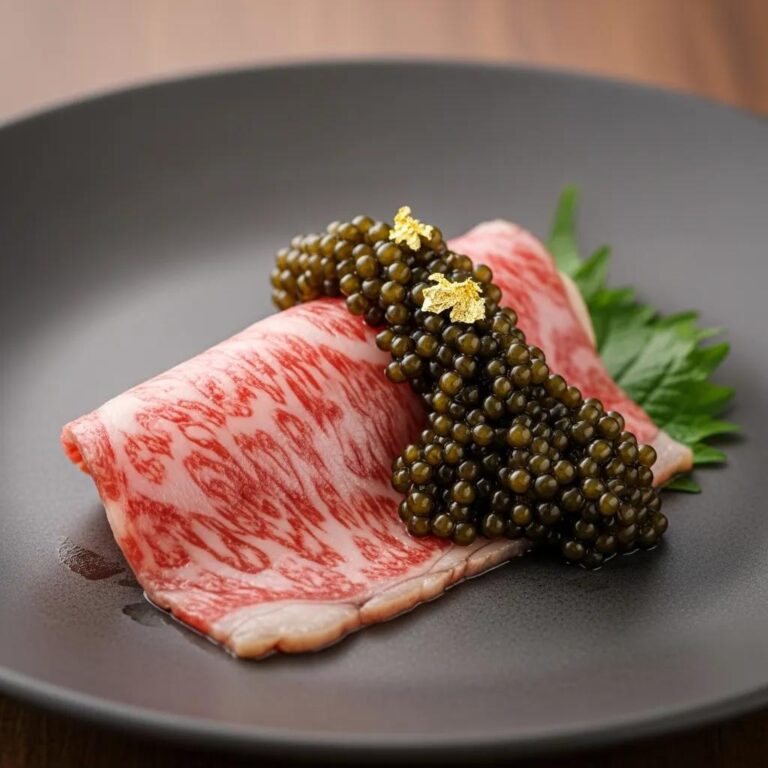 Luxury Japanese fine dining dish featuring A5 Wagyu and caviar, showcasing premium ingredients and elegant presentation