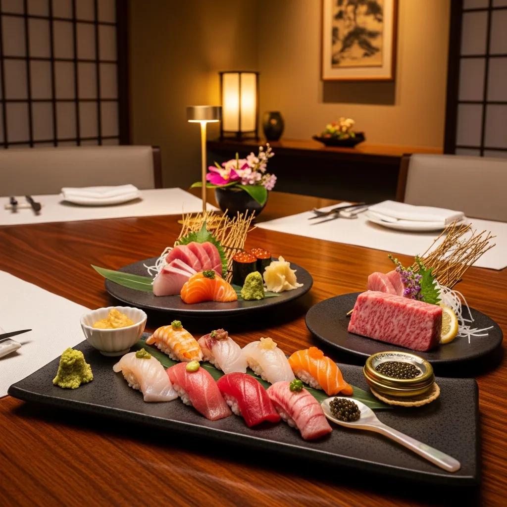 Luxury Japanese fine dining setup showcasing omakase dishes including A5 Wagyu and caviar in an elegant restaurant setting
