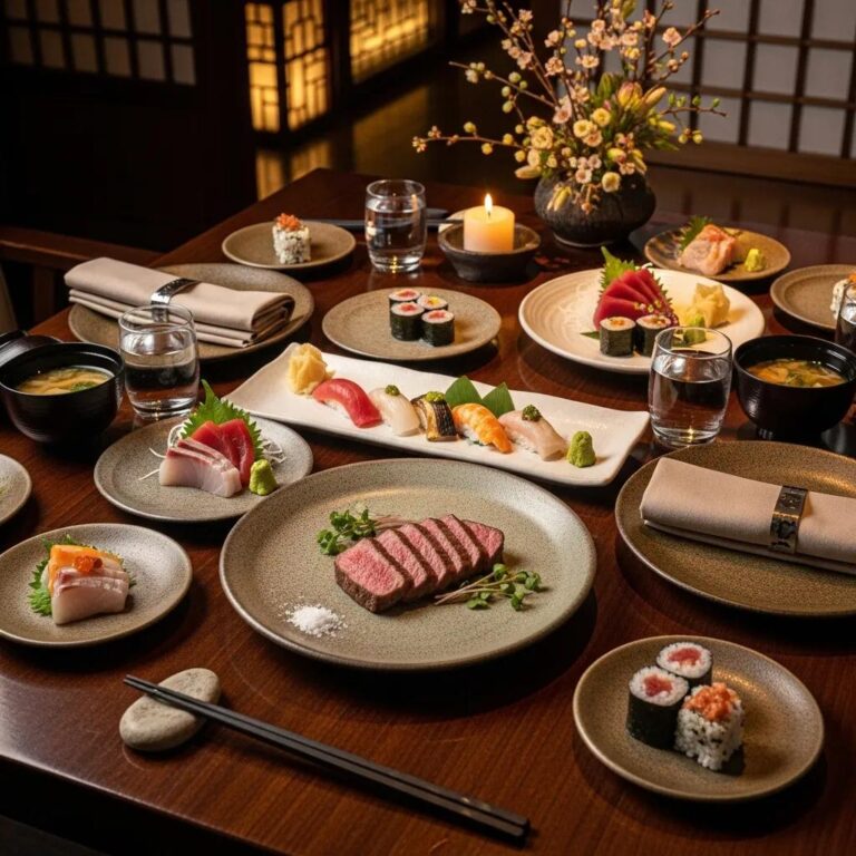 Luxury Japanese fine dining setup with A5 Wagyu and sushi, ideal for anniversary celebrations