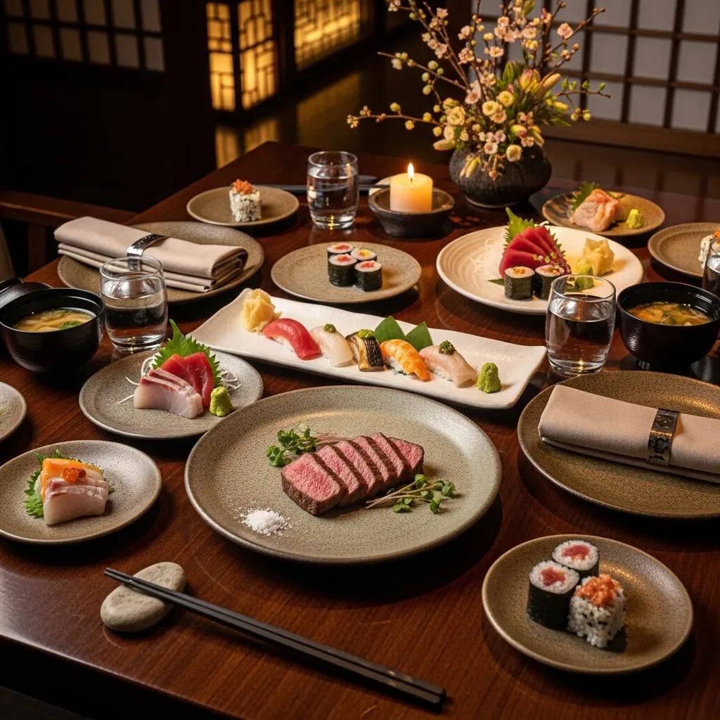 Luxury Japanese fine dining setup with A5 Wagyu and sushi, ideal for anniversary celebrations