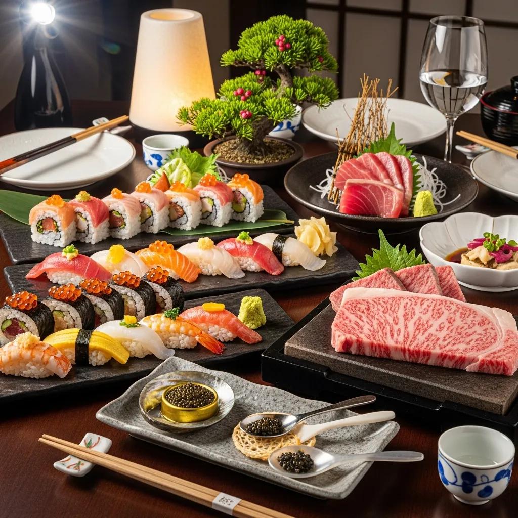 Luxury Japanese fine dining setup with sushi, A5 Wagyu, and caviar on an elegantly arranged table