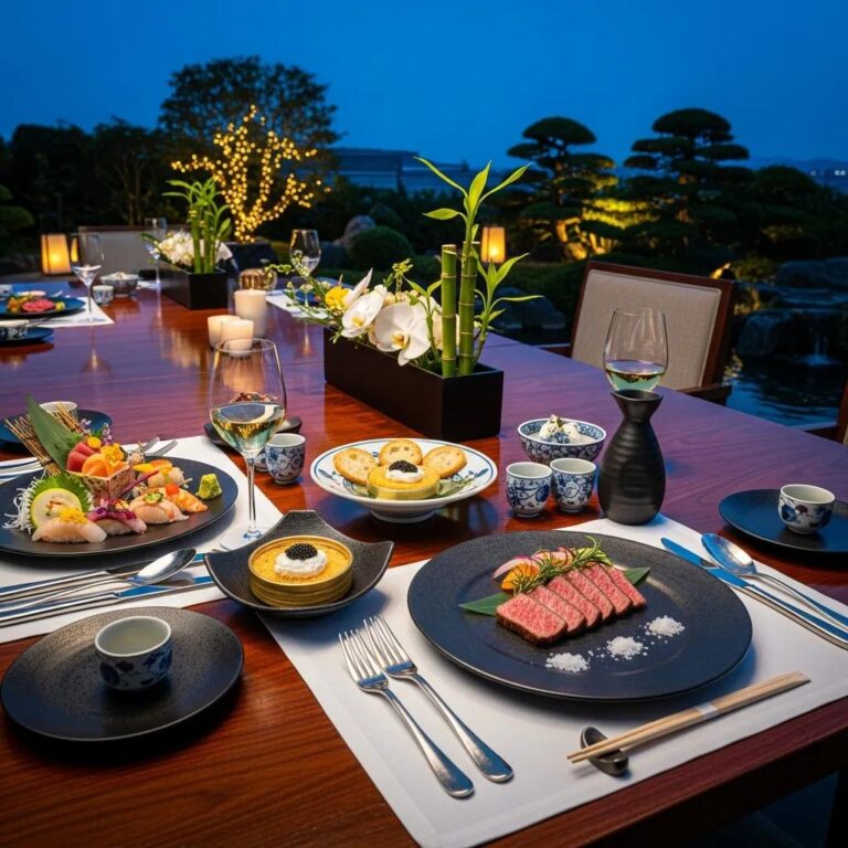 Luxury Japanese fine dining table set featuring gourmet dishes including A5 Wagyu, caviar, and vibrant sushi, with elegant table decor and ambient lighting, ideal for private dining experiences at Kaviar in Pasadena.