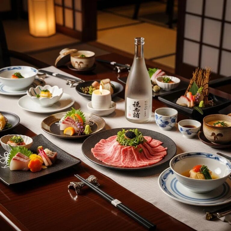 Luxury Japanese fine dining table setting with A5 Wagyu and caviar, showcasing elegance and sophistication
