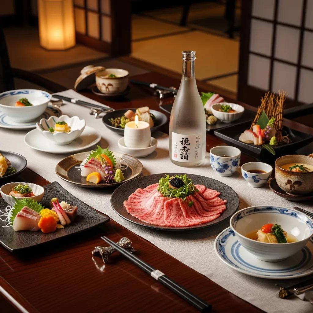 Luxury Japanese fine dining table setting with A5 Wagyu and caviar, showcasing elegance and sophistication