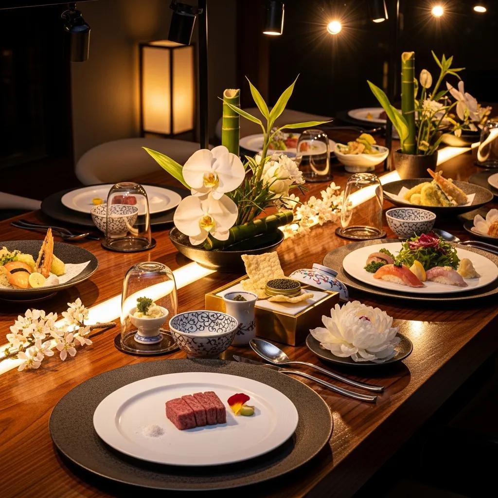 Luxury Japanese fine dining table setting with elegant dishware and high-quality ingredients