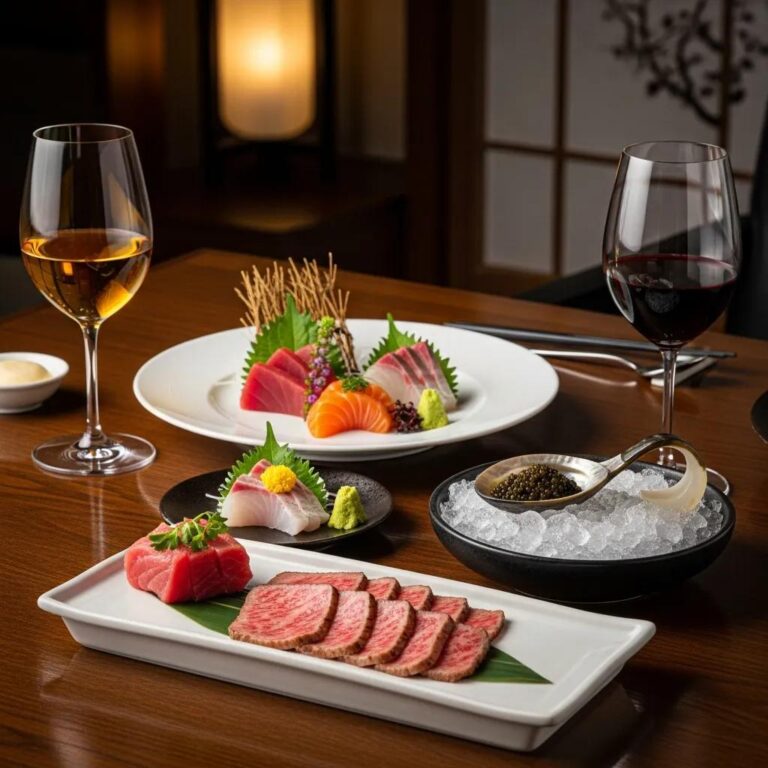 Luxury Japanese omakase dining experience with A5 Wagyu, caviar, and wine