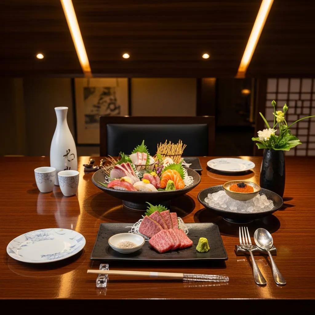 Luxury Japanese restaurant dining setup with omakase dishes, A5 Wagyu, and caviar