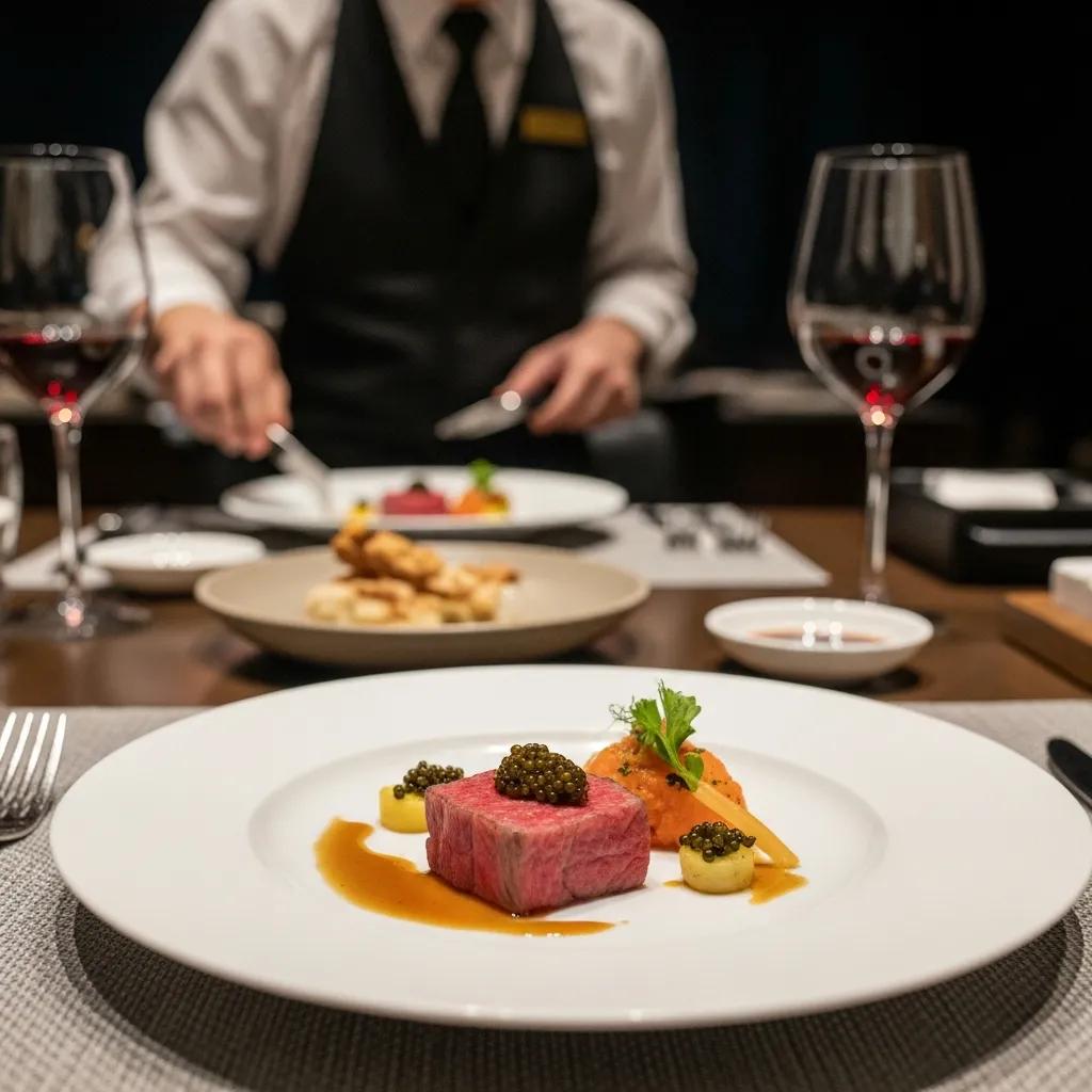 Luxury omakase dish featuring Miyazaki A5 Wagyu topped with Kaluga caviar, garnished with sauce and vegetables, served in an upscale dining setting at Kaviar Restaurant.