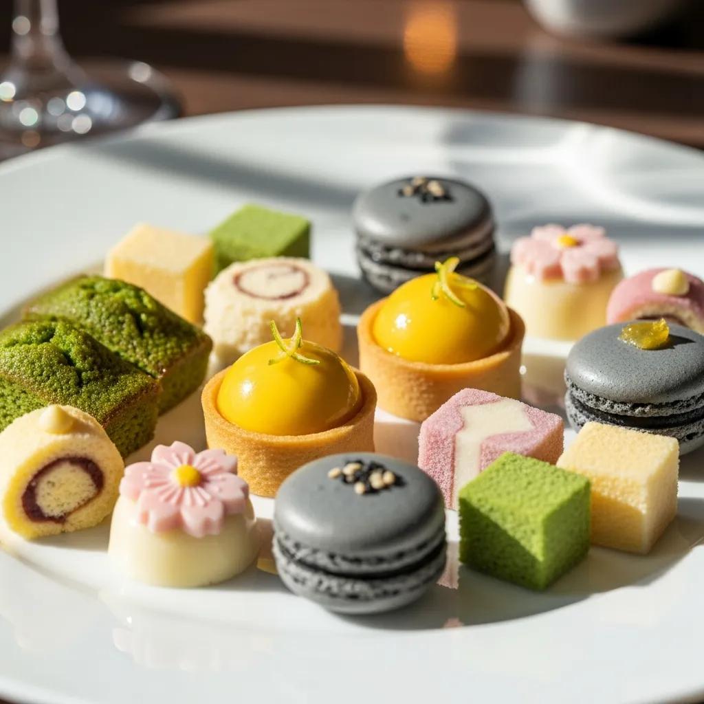Luxury petits fours featuring matcha, yuzu, black sesame desserts, and elegant presentation, highlighting Kaviar's fine dining approach.