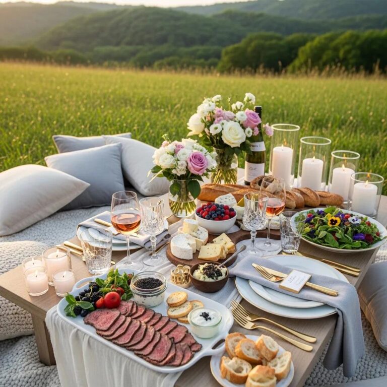 Luxury picnic setup with gourmet food and elegant tableware in a scenic outdoor setting