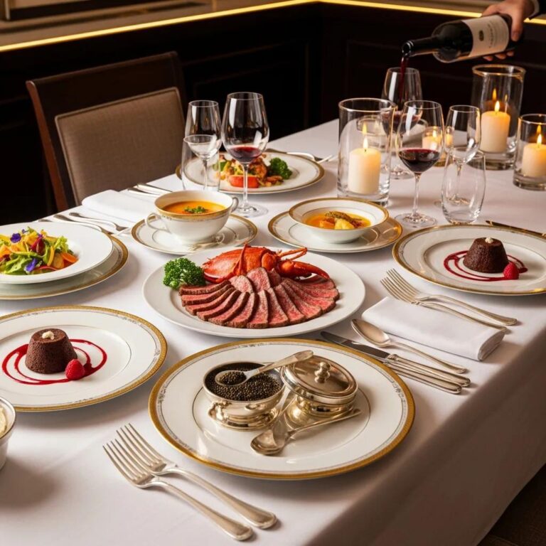 Luxury private dining table set with elegant dishes, featuring A5 Wagyu beef, lobster, caviar, and gourmet appetizers, complemented by fine wines and candles, reflecting Kaviar's commitment to exceptional Japanese fine dining experiences.