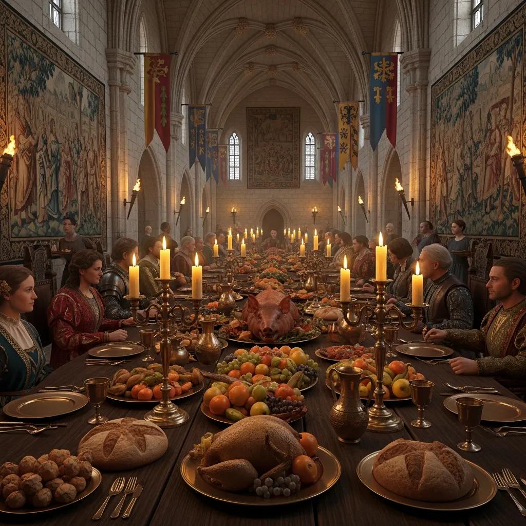 Medieval banquet in a great hall — nobles at a long table with roasted game and ceremonial decor