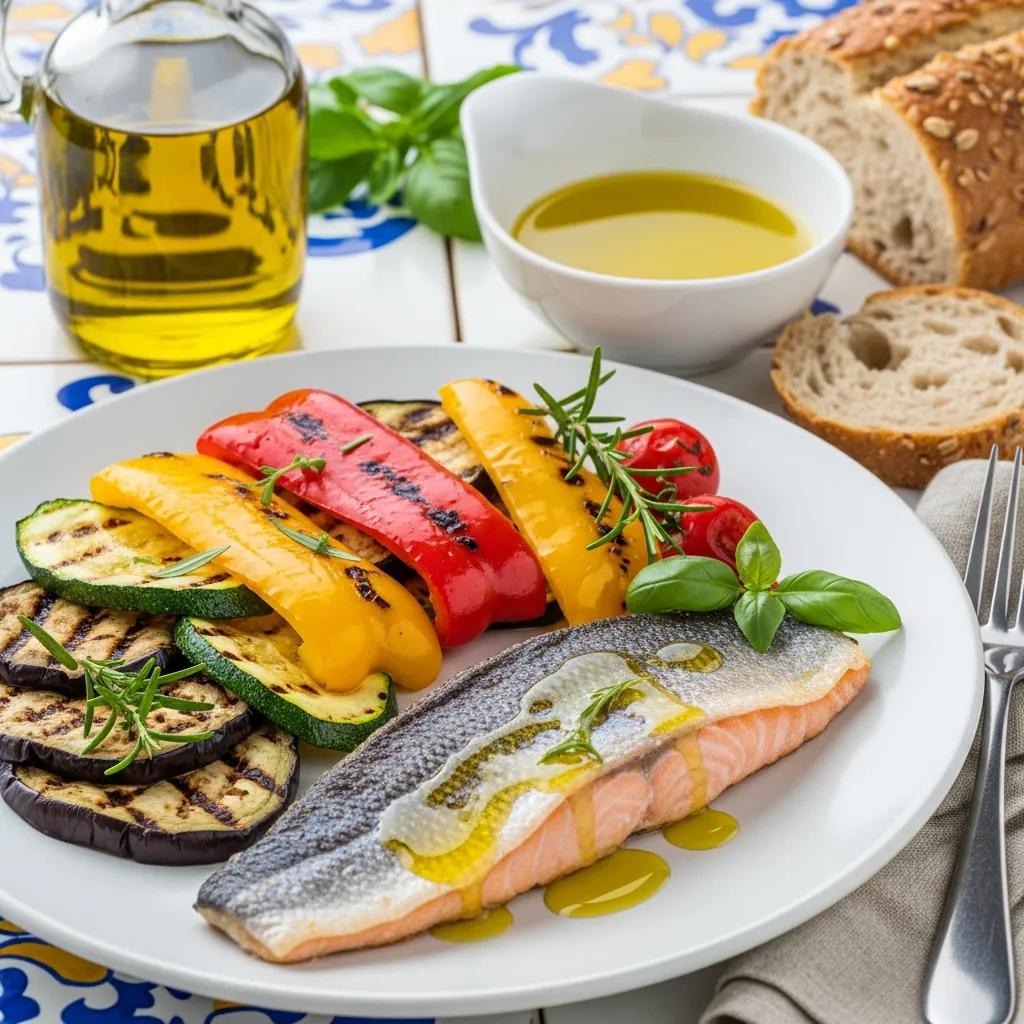 Mediterranean plate with grilled vegetables and fish, accented by olive oil to illustrate health benefits