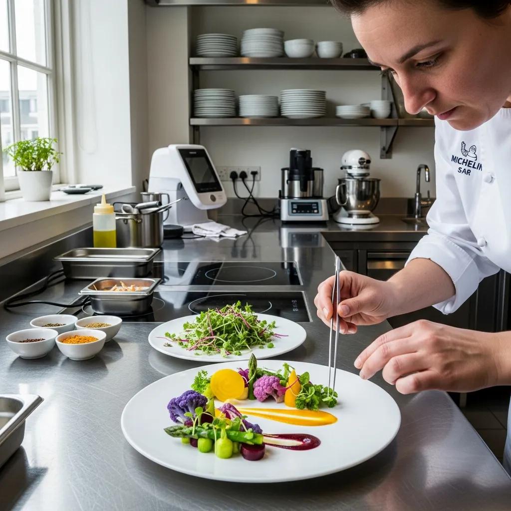 A Michelin‑level chef assembling an elegant plant‑forward course in a minimalist kitchen