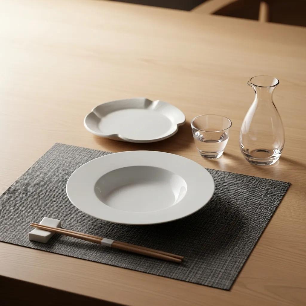 Minimalist Japanese fine-dining arrangement with chopsticks, small plates, and lacquered serveware