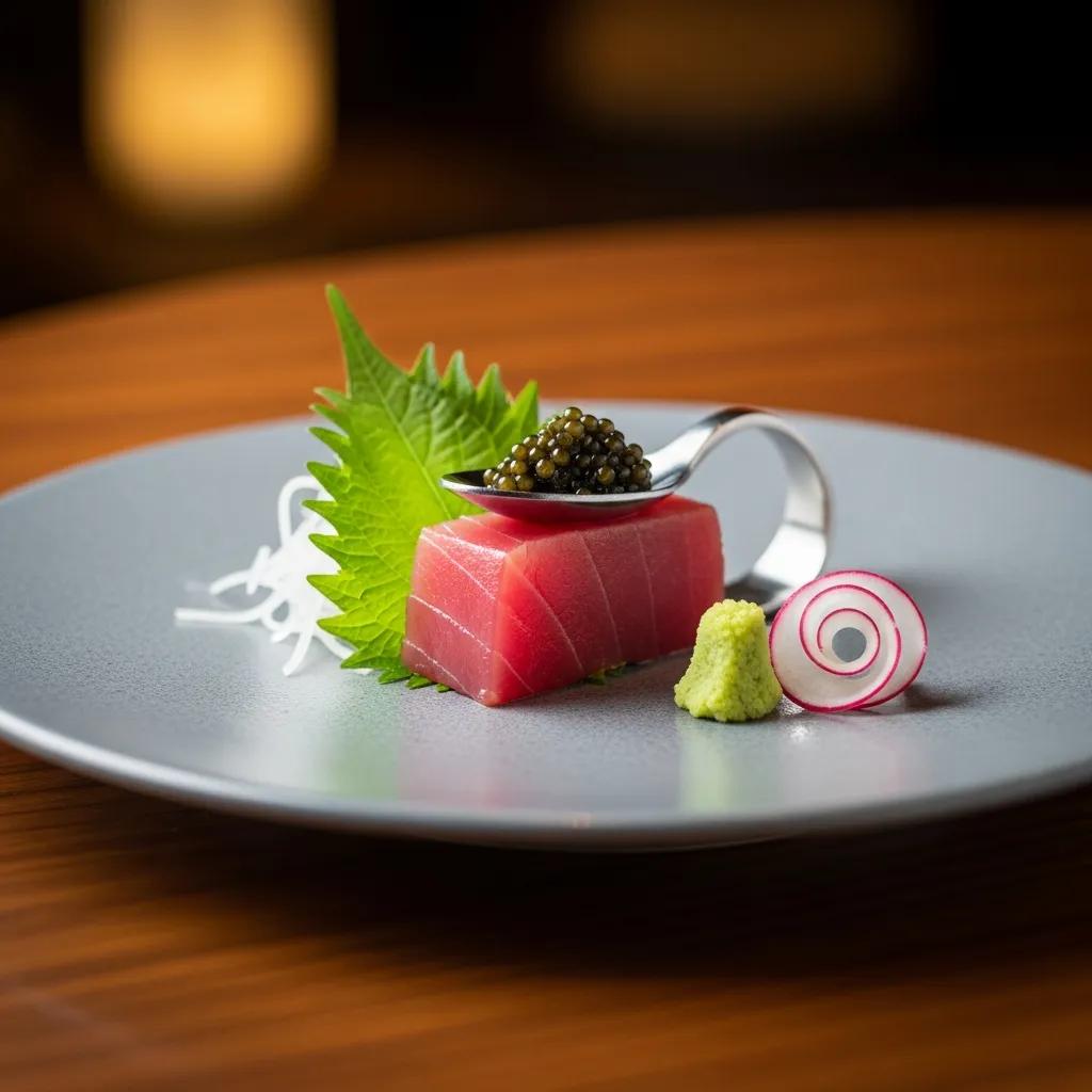 Minimalist caviar presentation in a Japanese omakase setting