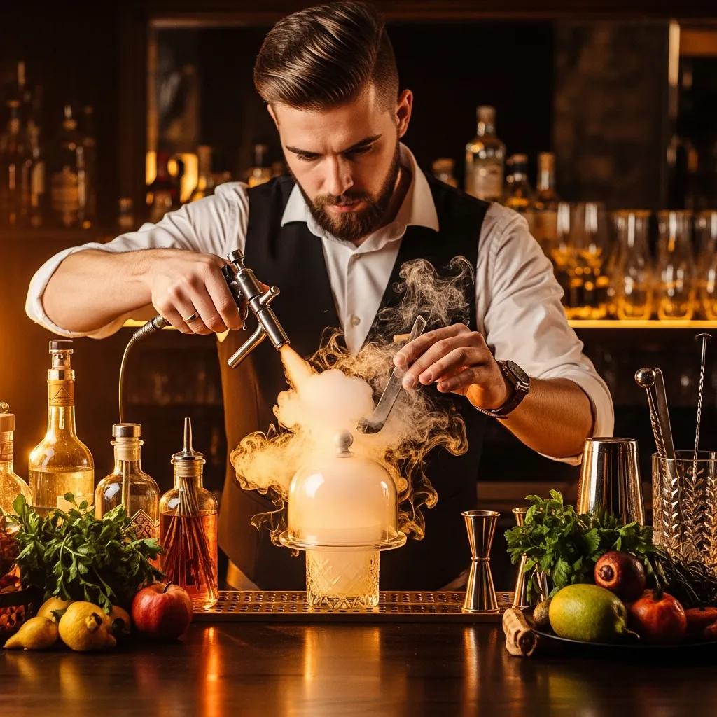 Mixologist demonstrating advanced cocktail techniques with smoke and infusion at a stylish bar, surrounded by premium spirits and fresh ingredients, emphasizing Kaviar's innovative sake-based cocktail program.