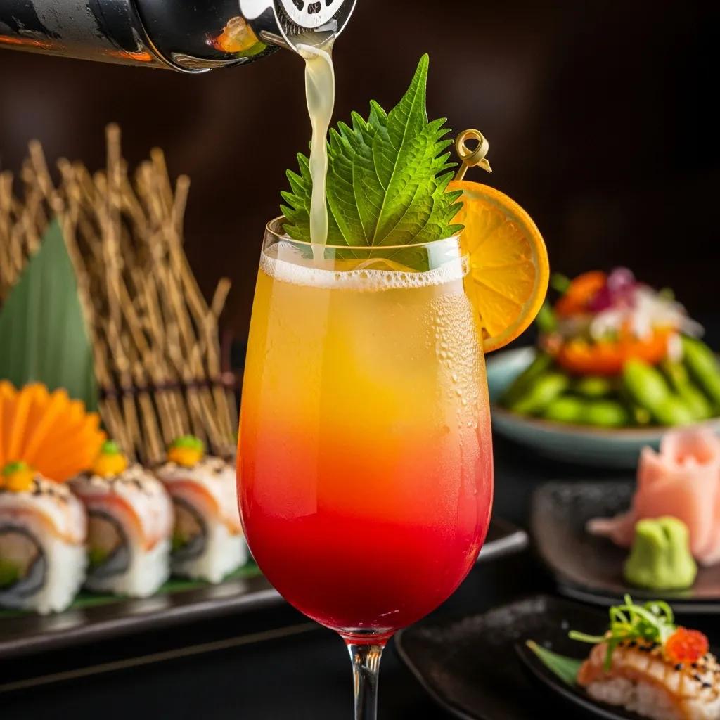 Mocktail being poured into a glass with vibrant layers, garnished with shiso leaves and an orange slice, alongside a display of sushi and Japanese cuisine in the background, emphasizing fine dining and beverage pairing.