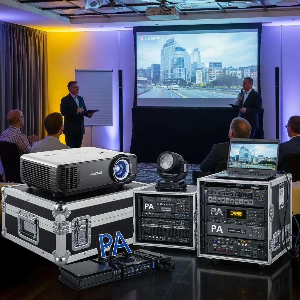 Audio-visual equipment setup for corporate presentations, featuring a projector, sound system, and presenters engaging an audience in a modern event space.